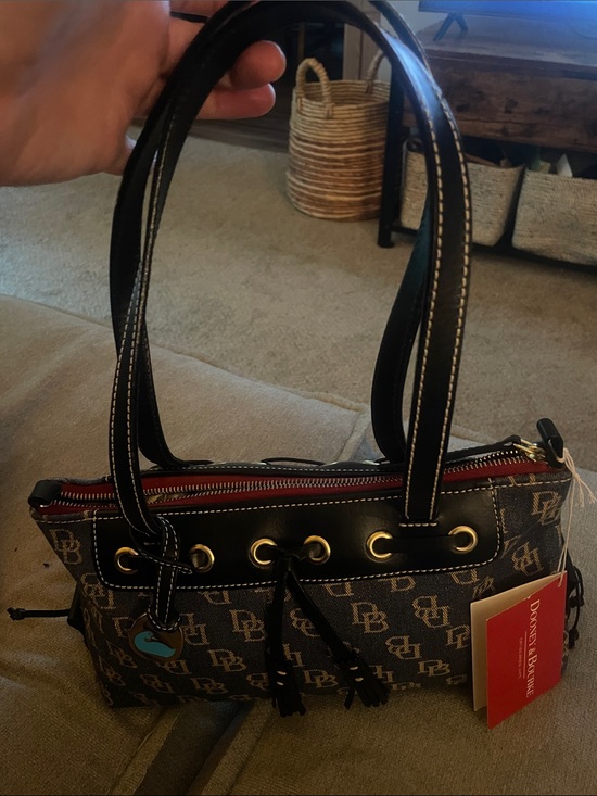 Dooney & Bourke Handbags - Dooney & Bourke Brown Signature Mini Tote with Black Trim and Red Zip